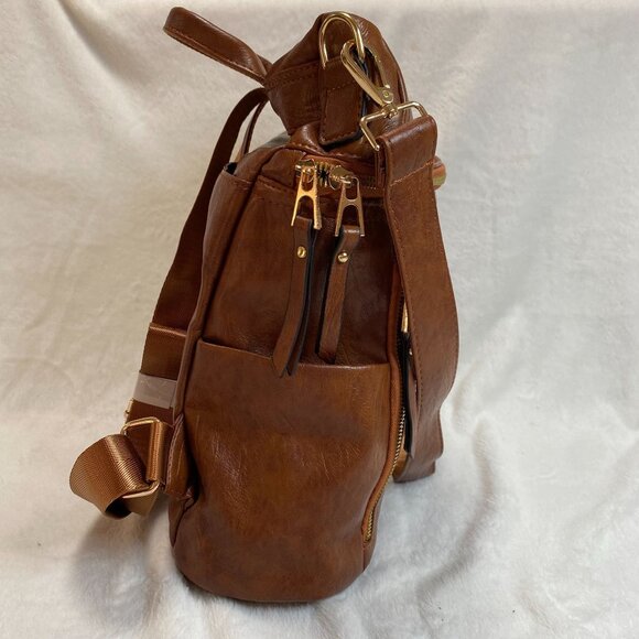 Brown Faux Leather Backpack With Gold Accents Multiple Zipper Pockets Adjustable - Picture 3 of 8